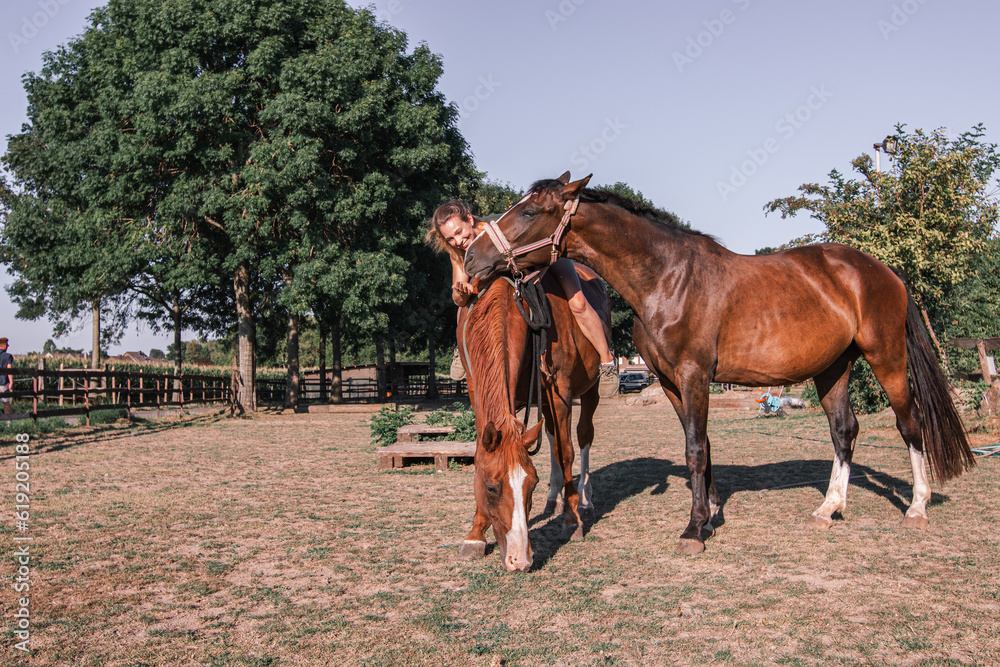 Freizeit mit Pferden: junge blonde Frau sitzt ohne Sattel im Sommer in kurzen Hosen auf einer Stute auf einem Reitplatz nur mit Halsring während eine andere Stute mit Halfter davor steht Freizeit mit Pferden: junge blonde Frau sitzt ohne Sattel im Sommer in kurzen Hosen auf einer Stute auf einem Reitplatz nur mit Halsring während eine andere Stute mit Halfter davor steht