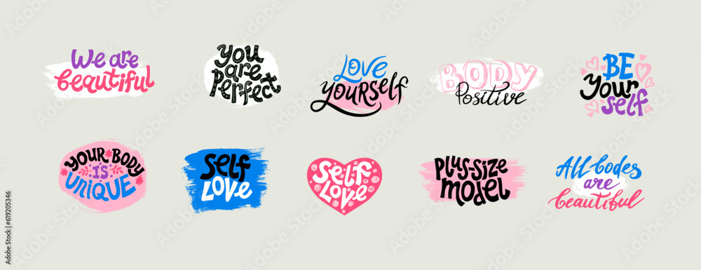 Fototapeta premium Unique vector hand drawn inspirational, positive quote. Body positivity. Love yourself. For t-shirts, social networks, posters, cards, banners, textiles, design elements.