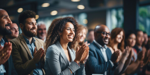 Group of people applauding together in business meeting