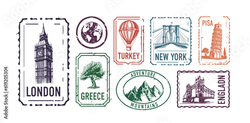 Collection of city stamps, London, Turkey, Greece, New York, Pisa, Mountains