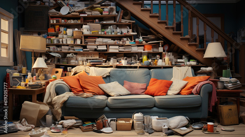 Disorder: the Unorganized Chaos of a Family's Lived-In Living Room, Generative AI photo