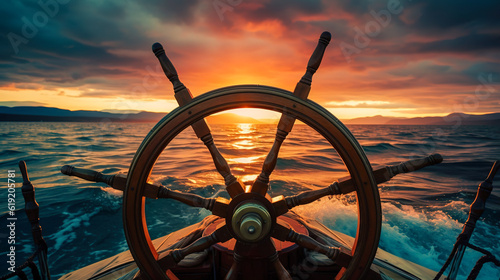 Sailing the Boundless: Ship Wheel on Yacht amidst Vast Sea and Sky at Sunset, Generative AI