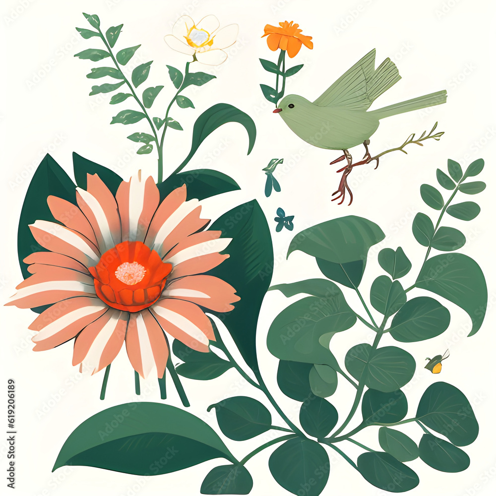 Illustration of flower Ornamente with bird, generative ai Illustration of flower Ornamente with bird, generative ai