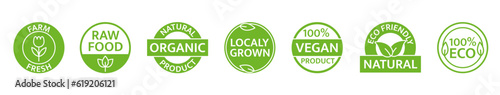 Natural, organic, bio product icon set. Gmo free. Healthy vegan food label. Beauty product. Farm fresh, locally grown badges. Premium quality. Eco friendly tag. Sustainable life. Vector illustration