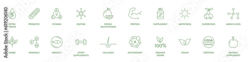 Supplement and vitamin line icon set. Natural probiotic, protein, mineral sign for packaging. Organic, bio, vegan product label. Healthy food. Detox diet badges. Nutrition sign. Vector illustration