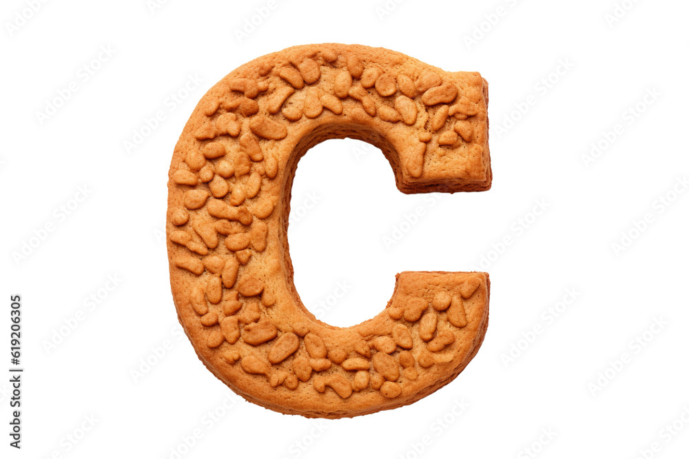 Uppercase letter C with cereals and crunchy cookie texture, delicious biscuit font isolated on transparent png background. 