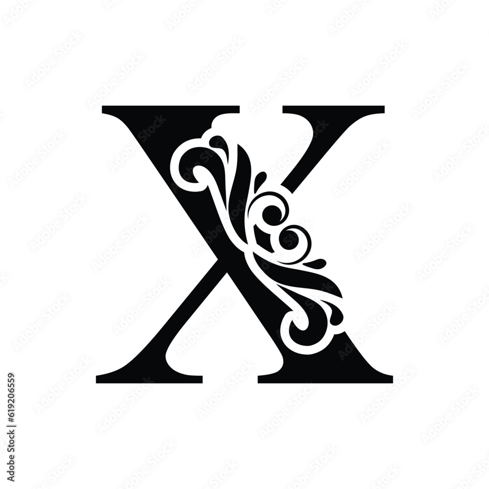 capital letter X. Black flower alphabet. Beautiful capital letters with shadow capital letter X. Black flower alphabet. Beautiful capital letters with shadow
