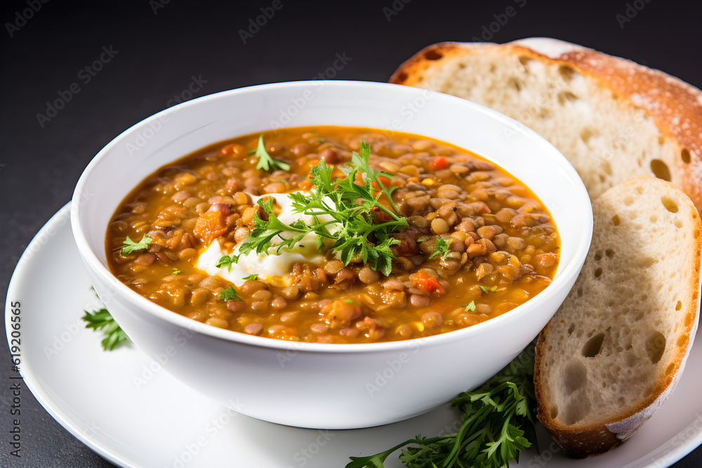 Wholesome lentil soup in white bowl Wholesome lentil soup in white bowl