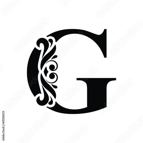 capital  letter G. Black flower alphabet. Beautiful capital letters with shadow