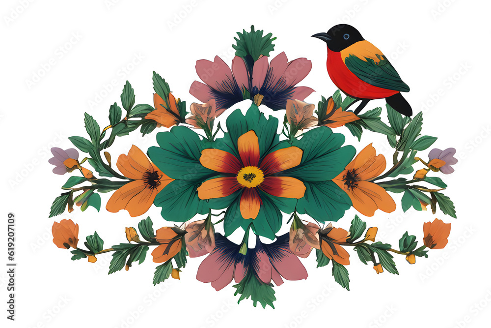Obraz premium Illustration of flower Ornamente with bird. generative ai