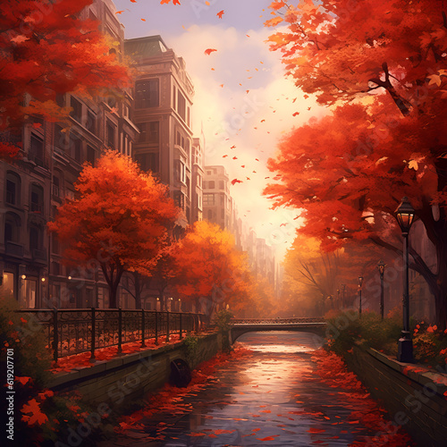 Generative AI illustrations, autumn colors, Red and Orange Autumn Leaves Background. High quality illustration