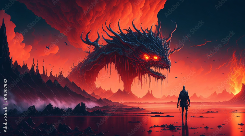 Surreal AI Artwork of Post-Apocalyptic Landscape - Fiery Sky, Blood Sea, and Rising Beast