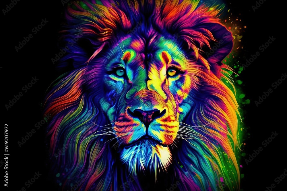 A Colorful lion painting on a black background. Created with generative AI.