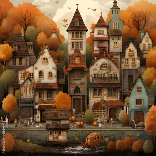 Generative AI illustrations, Village view in autumn colors. High quality illustration