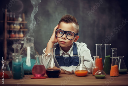 Schoolboy experimenting with the reagents in laboratory. Chemical experiments. Generative AI