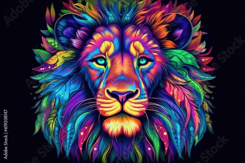 A Colorful lion painting on a black background. Created with generative AI.
