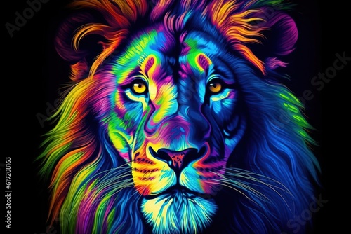 A Colorful lion painting on a black background. Created with generative AI.