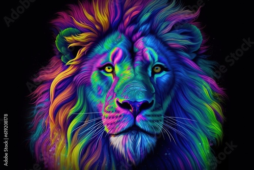 A Colorful lion painting on a black background. Created with generative AI. © Viktor