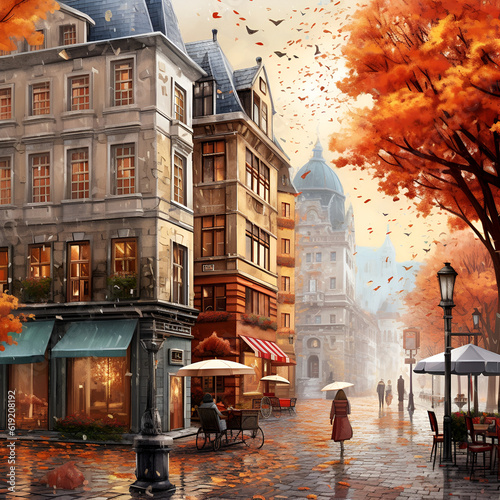 Generative AI illustrations, autumn city street with modern houses exterior urban buildings facade cityscape background. High quality illustration