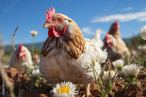 A few chickens are standing in a field on a bright sunny day. using generative AI tools © igorina