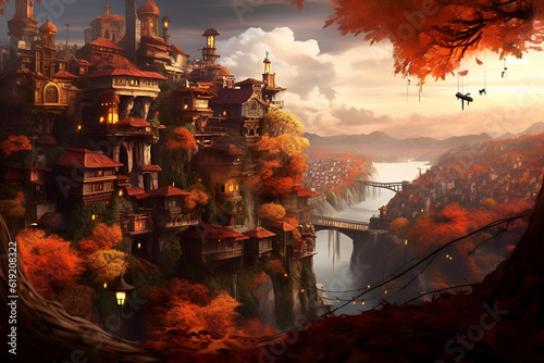Generative AI illustrations, autumn colors, Red and Orange Autumn Leaves Background. High quality photo
