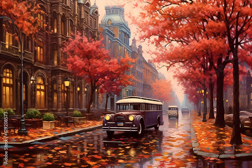 Generative AI illustrations, Rainy city street people silhouette. Rainy weather season Autumn leaves on window rain drops. High quality photo