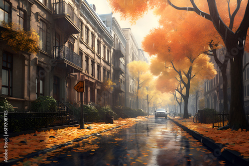 Generative AI illustrations, Rainy city street people silhouette. Rainy weather season Autumn leaves on window rain drops. High quality illustration