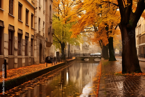 Generative AI illustrations, Rainy city street people silhouette. Rainy weather season Autumn leaves on window rain drops. High quality illustration