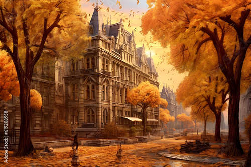 Generative AI illustrations, Autumn park in the city. High quality illustration
