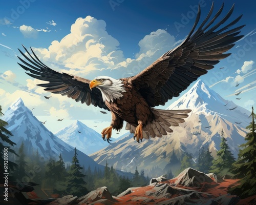 An eagle soars majestically above a range of mountains. (Illustration, Generative AI)