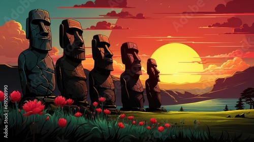 Easter Island is known for its iconic stone statues. (Illustration, Generative AI) photo
