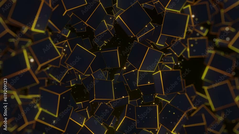 Gold cube background with golden polygon particle rotate looped
