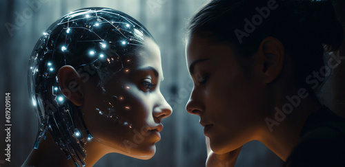 Two girls facing each other- the love between a human and artificial intelligence. LGBT relationships,a human augmented with AI Created with Generative AI technology