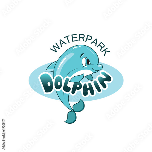Dolphin waterpark handwritten text, lettering typography. Cute smiling character for icon, card, logo. Hand drawn cartoon animal print for kids or babies t-shirt design, decoration, greeting card
