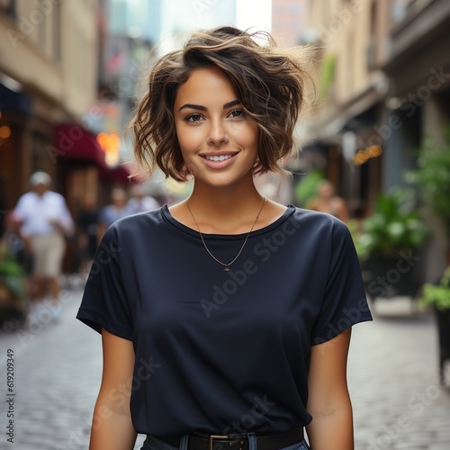 Illustration of a fashion portrait with plain t-shirt mockup ,  AI Generated