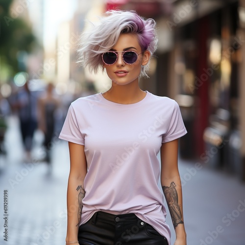 Illustration of a fashion portrait with plain t-shirt mockup , AI Generated