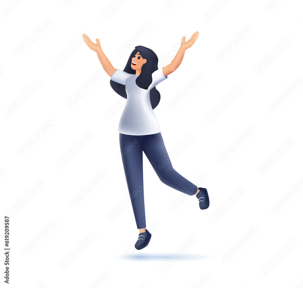 3D Happy surprised woman character jumping isolated. 3D cartoon style vector design illustrations. Happiness Emotions, Body Language, Cartoon People Vector Illustration