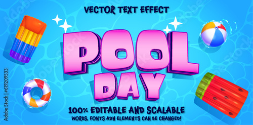 Summer party vector poster design. Summer party text in swimming pool background with floater and ball for fun and enjoy tropical outdoor event. Vector illustration. 