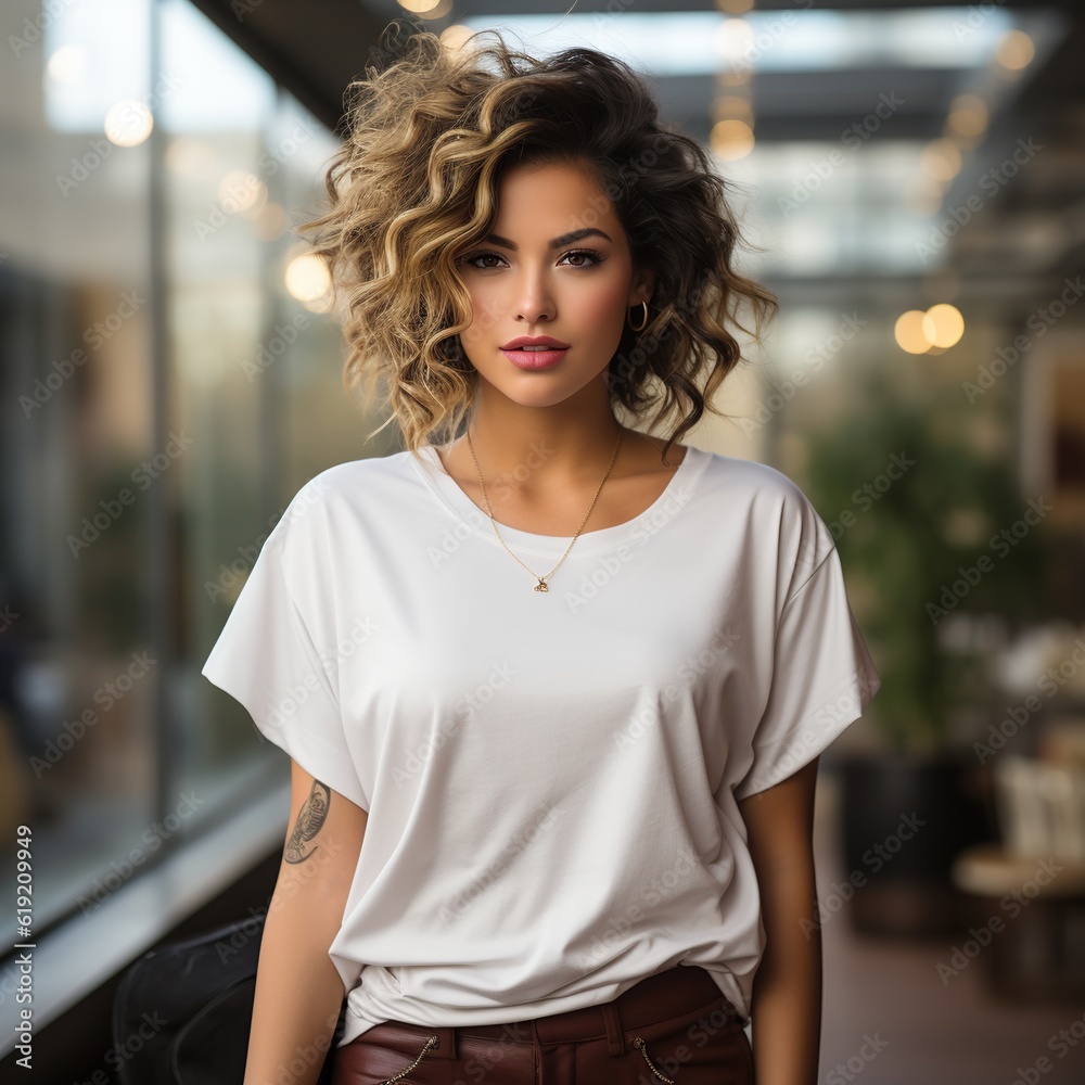 Illustration of a fashion portrait with plain t-shirt mockup , AI Generated Illustration of a fashion portrait with plain t-shirt mockup , AI Generated