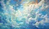  a painting of a blue sky with white clouds and sun.  generative ai