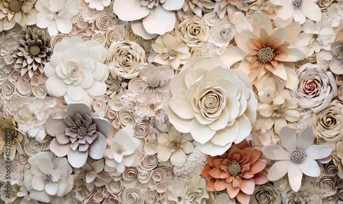  a wall of paper flowers is shown in this image, it looks like it is made of paper flowers. generative ai