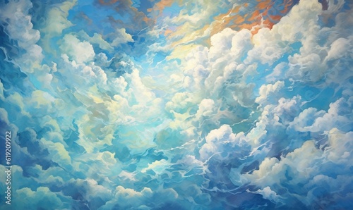  a painting of a blue sky with white clouds and sun. generative ai