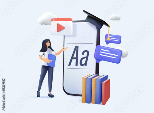 3D Language school concept banner with character. Can use for web banner, infographics, hero images. 3D cartoon vector illustration isolated on background