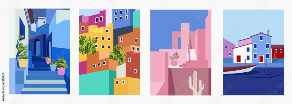 Fototapeta premium Travel cityscape. Set of summer backgrounds for banners, flyers, greeting cards, posters and advertisements. Vector cartoon flat illustration. Modern design