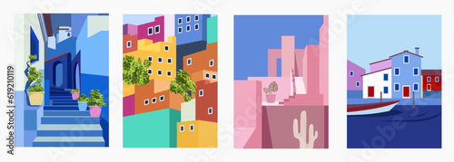 Travel cityscape. Set of summer backgrounds for banners, flyers, greeting cards, posters and advertisements. Vector cartoon flat illustration. Modern design