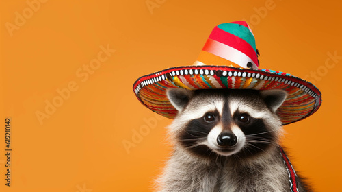 Raccoon with a mexican sombrero party hat celebrating. isolated colorful background. Empty copy space for text. Generative AI.