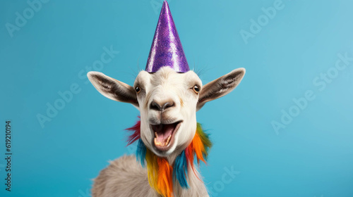 goat with a party hat celebrating. isolated colorful background. Empty copy space for text. Generative AI. © s1llu