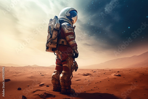 The astronaut in space suit walking on planet. Exploration of the planet's surface. Generative AI
