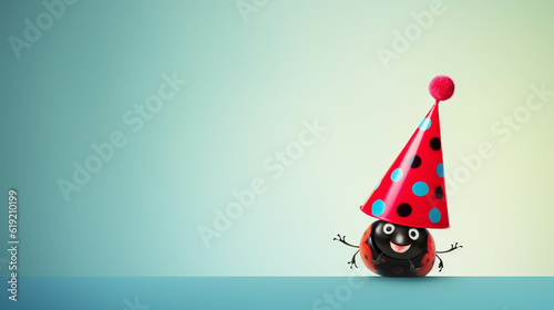 Ladybug with a party hat celebrating. isolated colorful background. Empty copy space for text. Generative AI.