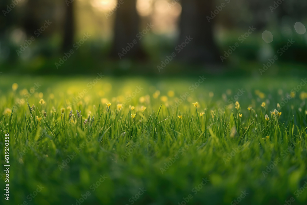 Neatly trimmed lawn on blurred spring background. Ground level view. Generative AI